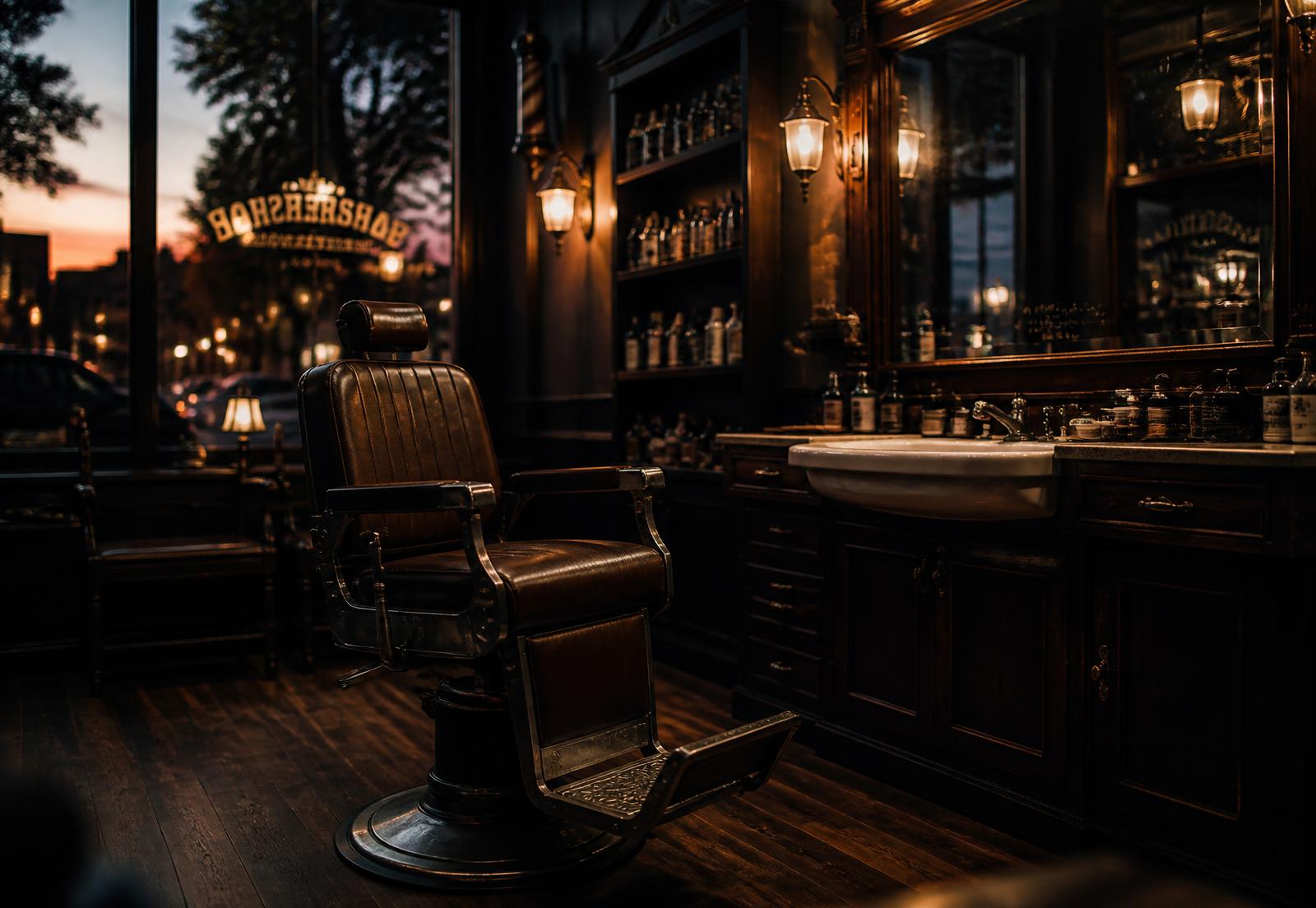 Interior of Lloydminster Barber Shop at dusk with a vintage leather barber chair
