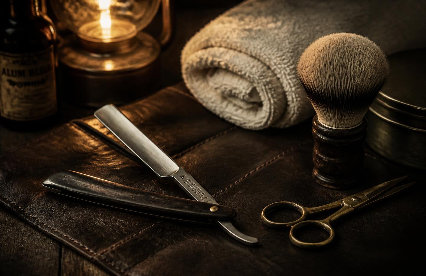 Straight razor, brush and hot towel on leather
